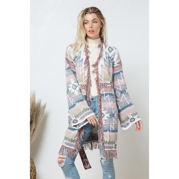 SOLD OUT Rose Fringe Western Native Aztec Belted Tie Knit Cardigan Boho Sweater - Picture 3 of 7